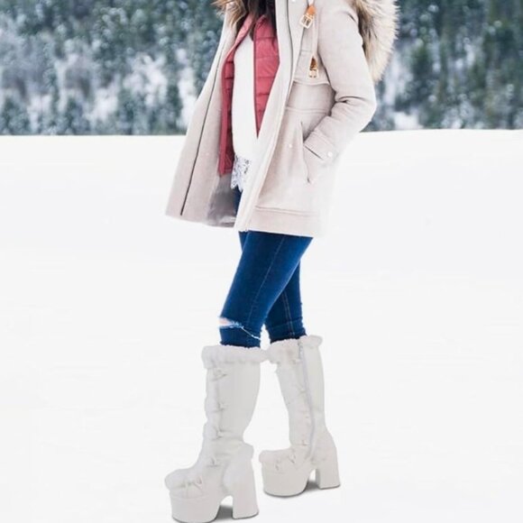 White Faux Fur Goth Platform Knee High Boots With Zippers Size 41 - Picture 5 of 16